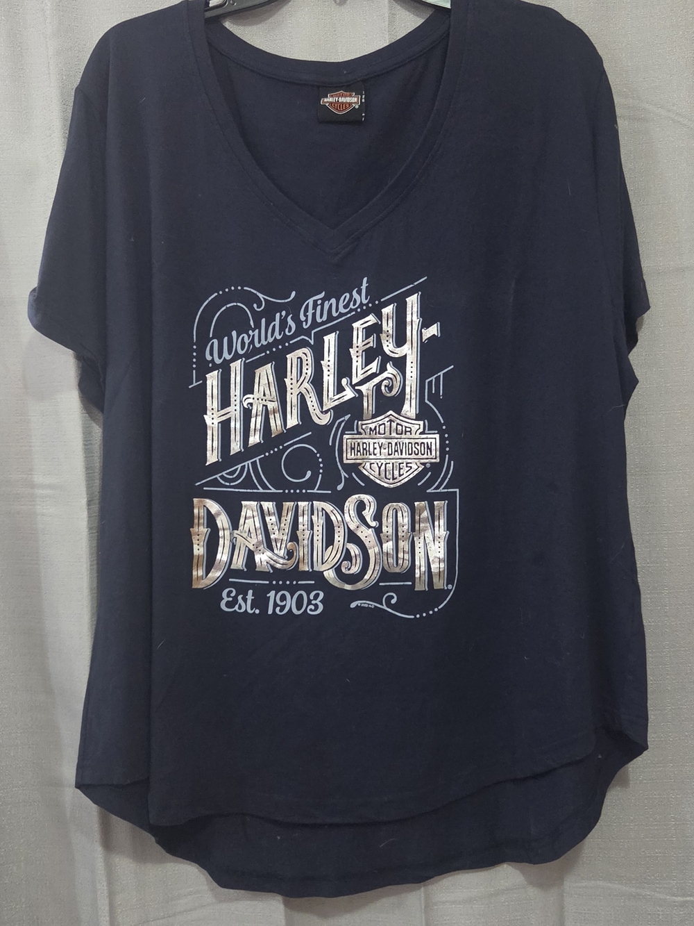 Harley Davidson Women's Navy Blue V Neck Woodstock NY Short Sleeve T XXL Biker